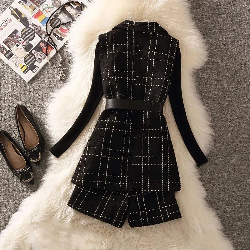 Elegant Luxury Plaid Tweed 3 Piece Sets Women Korean Shorts Suit Vintage Mid-Length Vest Jacket With Belt + Pants + Knit Sweater