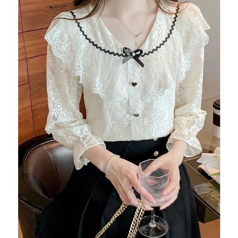 Women Lace Hollow Bow Chic Sweet Japanese Style Blouses White Long Sleeve Elegant Tops Female Fashion Casual Slim Pullover Shirt