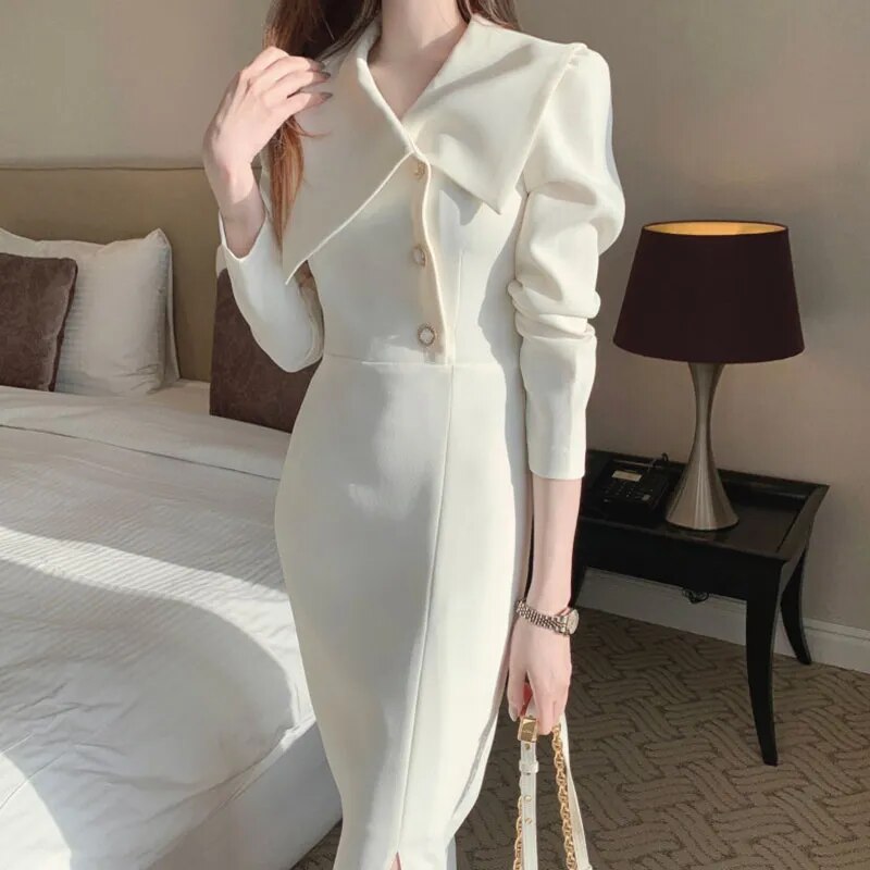 Vestidos De Mujer Elegantes Spring Elegant Simple Lapel Neck Side Buckle Waist Wrapped Long Sleeve Chiffon Dress Women