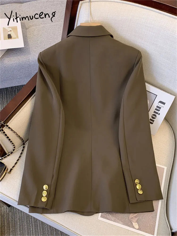 Yitimuceng Fashion Blazers for Women Jackets 2023 New Spring Summer Office Ladies Long Coats Notched Double Breasted Outerwear