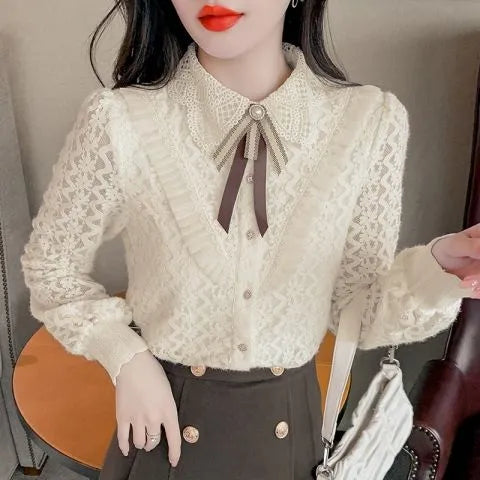 Velvet Thick Warm Padded Lace Bottoming Shirt Autumn and Winter New Turn Down Collar Long Sleeve Blouse Blusas