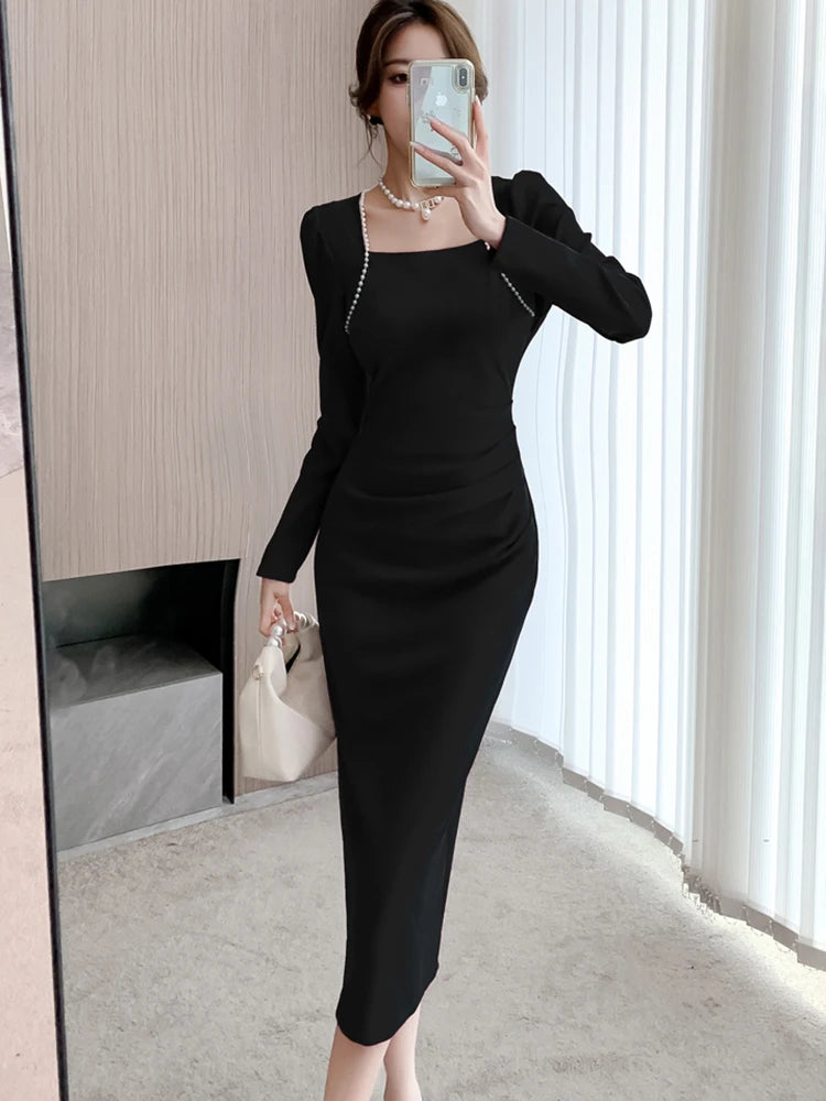 Women Korean Vintage Luxury Evening Dress Autumn Winter Black Chic Beading Square Collar Dress 2023 Elegant Casual Party Dresses