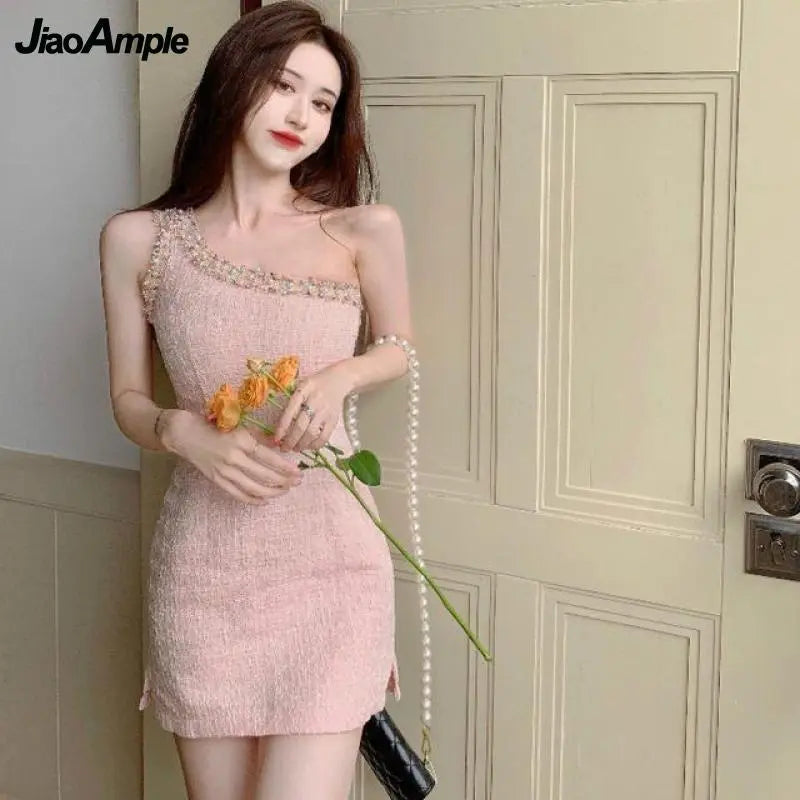 Women's Inclined Shoulder Mini Dress Summer 2023 Korean Elegant Pink Bodycon Slim Evening Party Gown Lady Vintage Graceful Dress