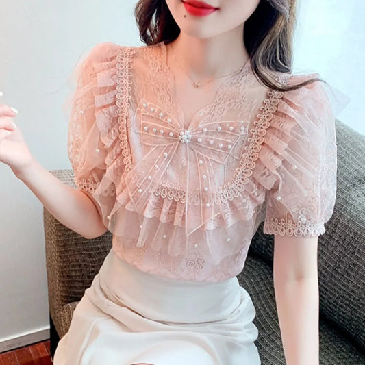 Elegant Chic Lace Blouses Female 2023 Summer Ruffle Fairy Chiffon Shirt Women's Korean Bubble Short Sleeve Beaded Bow Casual Top