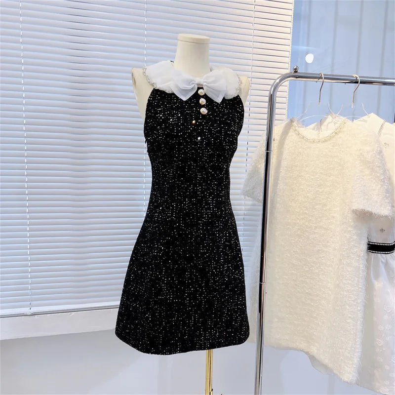 High Street  Autumn New Fashion 2023 Women Peter Pan Collar Pearl Button Sequins Beading Panelled Tweed Black Elegant Mini Dress