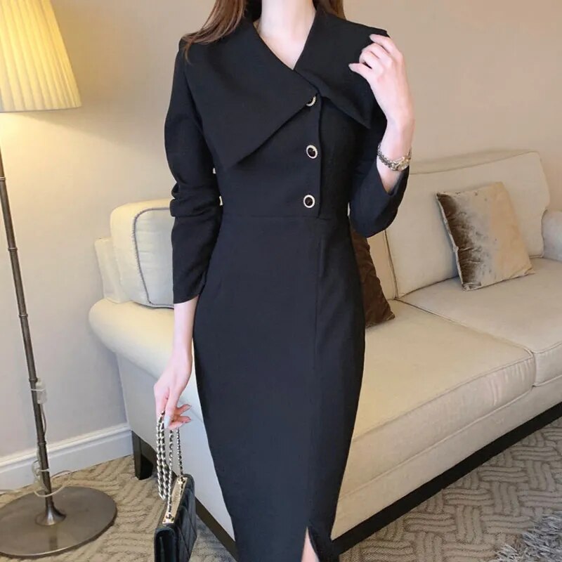 Vestidos De Mujer Elegantes Spring Elegant Simple Lapel Neck Side Buckle Waist Wrapped Long Sleeve Chiffon Dress Women