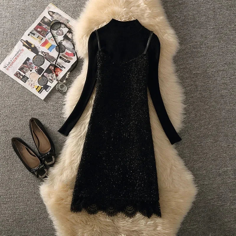 Sexy Black Plush Spaghetti Strap Mini Dress Suit Vintage Lace Backless Slip Dresses And Knit Sweater 2 Piece Set Women Outfits