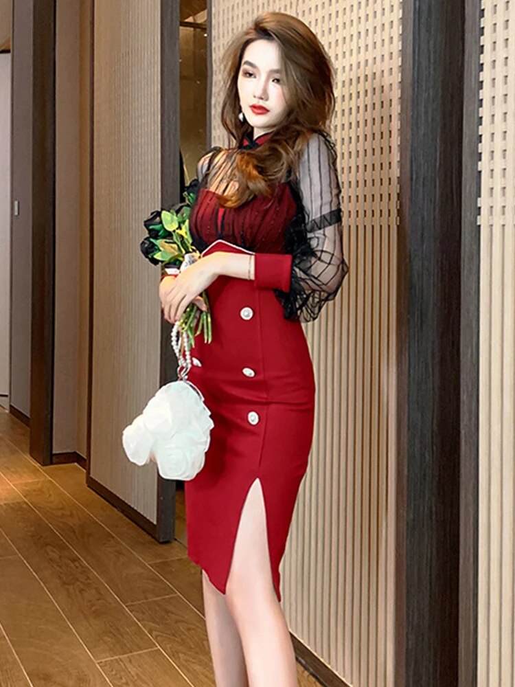 Spring Women Midi Dress Sexy Chinese Style Red Sheer Mesh Spliced Hollow Disc Buckle Pearl Button Slit Robe Party Vestidos Mujer