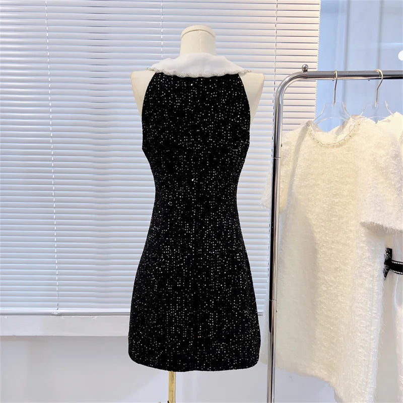 High Street  Autumn New Fashion 2023 Women Peter Pan Collar Pearl Button Sequins Beading Panelled Tweed Black Elegant Mini Dress