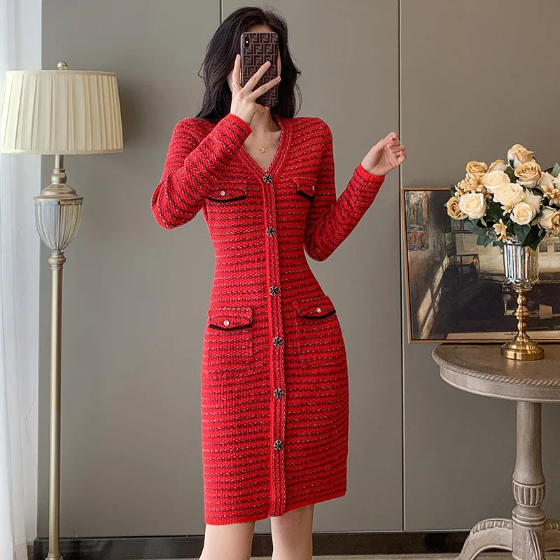 #0990 Red Short Pencil Dress V-neck Knit Sweater Dress Women Long Sleeve Office Dress Woman Slim Buttons Pockets Sexy Knitwear