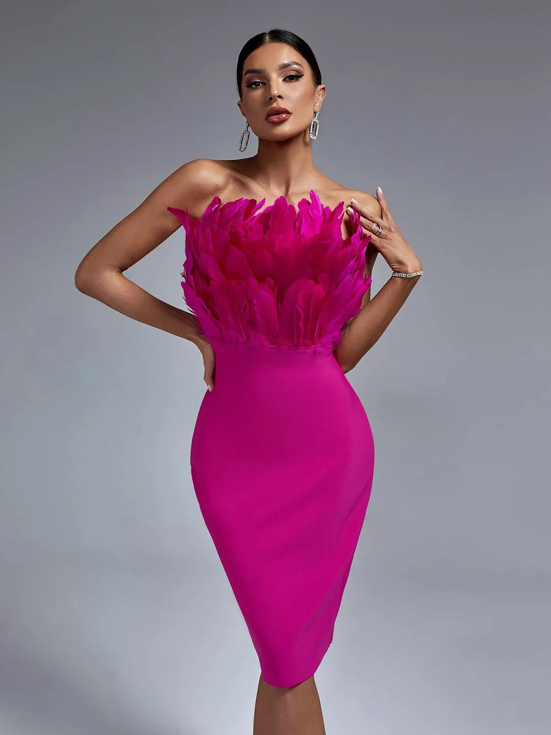 Red Bandage Dress Women Feather Party Dress Bodycon Elegant Midi Sexy Strapless Evening Birthday Club Outfits Summer 2023