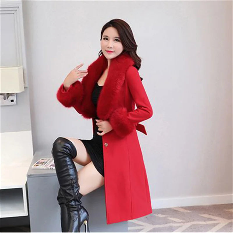 Elegant Luxury Solid Color Plus Size 3xl Long Jacket For Women Autumn Winter Faux Fur Lapel Belt Bow Coat Simple Slim Tweed Coat