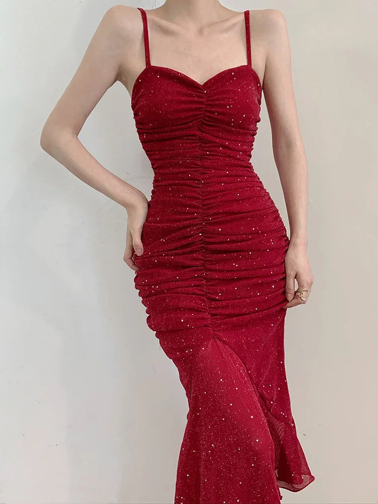 Red Mermaid Women Dress Spaghetti Strap Party Gowns 2022 New Summer Strapless Backless Ruched Beach Dresses for Holiday Birthday