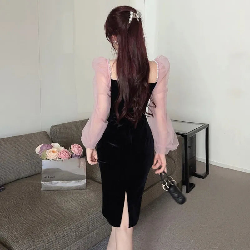 Fashion Women Princess Splicing Black Mini Dress Puff Sleeve High Waist Knot Party Dress Korean Vestidos