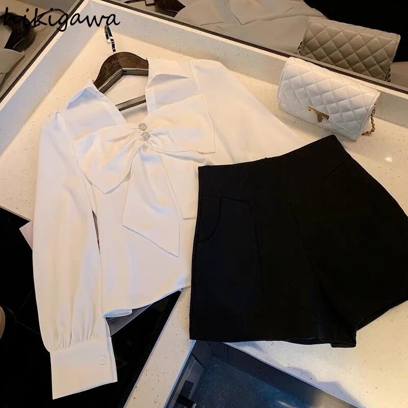 V-neck Long Sleeve Blouses Women's Clothing 2023 Korean Fashion White Shirts Ladies Tops Elegant Bow Chiffon Blusas De Mujer