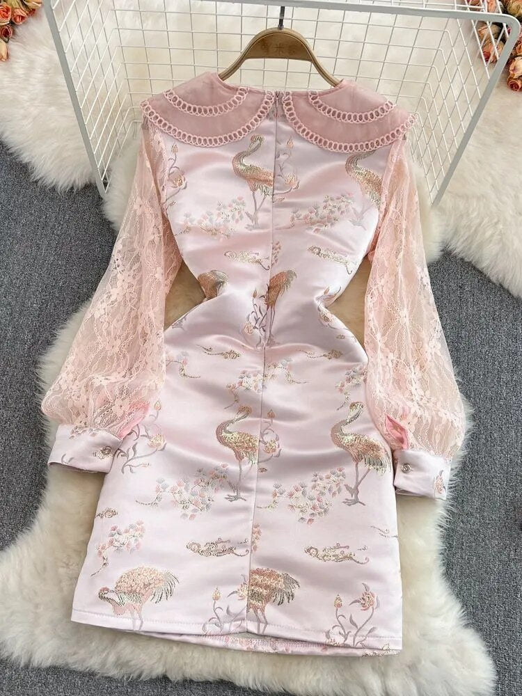 Sweet Girls Runway Mini Dress Women Pink Lace Patchwork Bow Collar Long Sleeve Flower Embroidered Jacquard Satin Party Vestidos