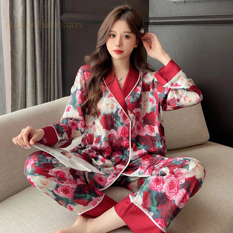 Spring Summer Ladies Faux Silk Polyester Elegant Pajama Sets Sexy Homewear Womens Casual Luxury Pajamas Pajamas Female Sleepwear