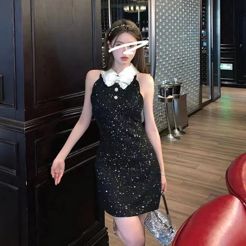 High Street  Autumn New Fashion 2023 Women Peter Pan Collar Pearl Button Sequins Beading Panelled Tweed Black Elegant Mini Dress