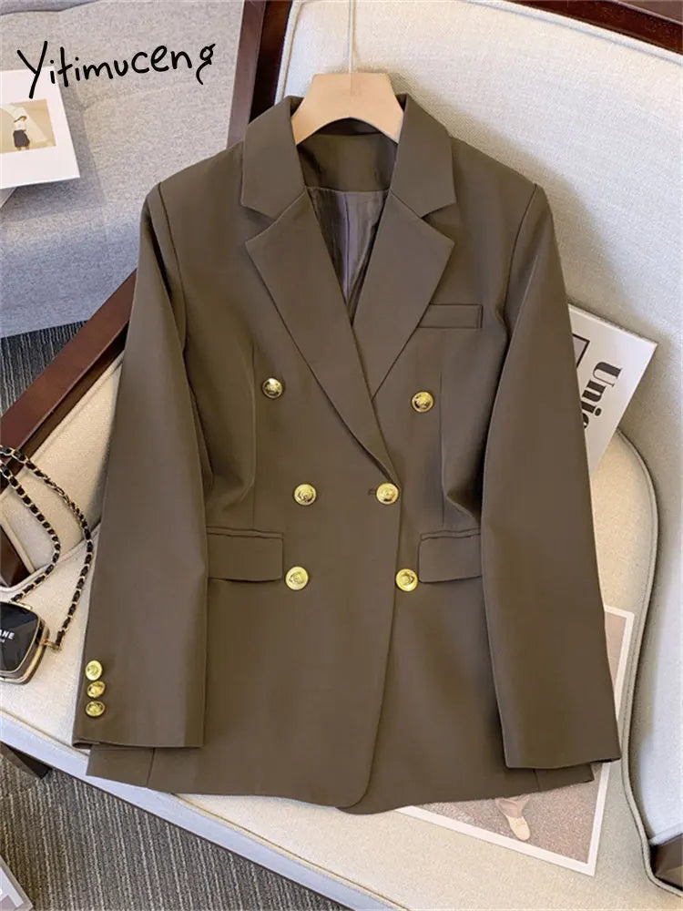 Yitimuceng Fashion Blazers for Women Jackets 2023 New Spring Summer Office Ladies Long Coats Notched Double Breasted Outerwear