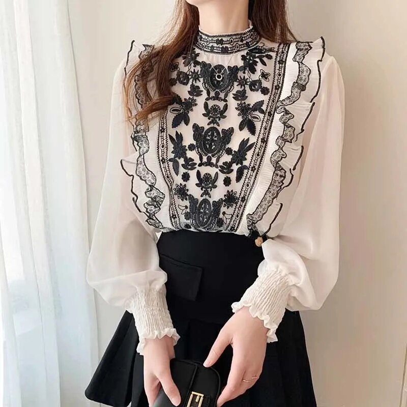 Luxury Designer Floral Embroidery Women Party Blouse O-Neck Flare Sleeve Top Sheer Mesh Ruffles Polka Dots Blouses