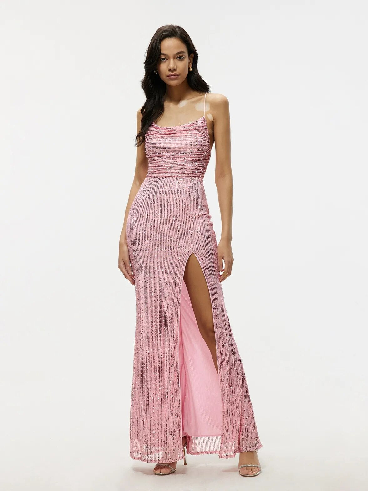 Gorgeous Bridesmaids Dress Pink Spaghetti Straps Sequin Frock Lace Up High Split Mermaid Evening Party Robe Cocktail Prom Gowns