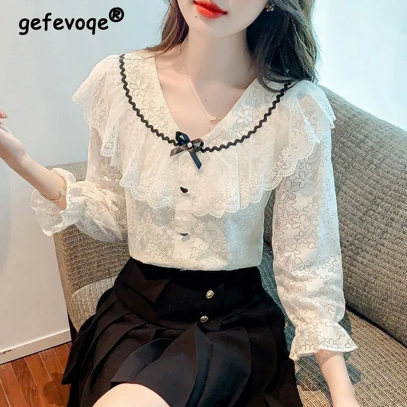 Women Lace Hollow Bow Chic Sweet Japanese Style Blouses White Long Sleeve Elegant Tops Female Fashion Casual Slim Pullover Shirt