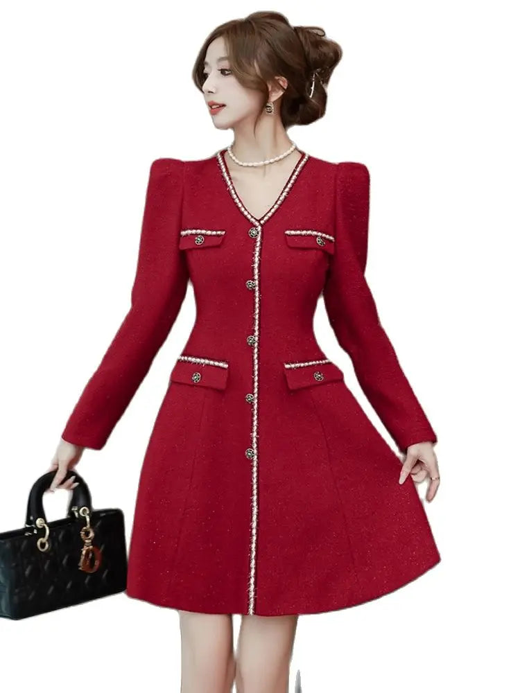 Temperament Ladies Red Tweed Dress Women Luxury Vintage Single-breasted Female V-Neck Long Sleeve Woolen Evening Party Dress