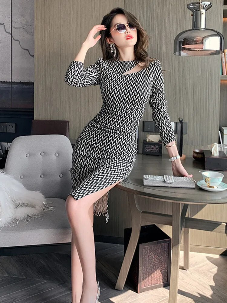 Fashion Elegant Office Women Dress O-neck Knee-Length Female Clothes Asymmetrical Hollow Plaid Split Bodycon Skinny Lady Dress