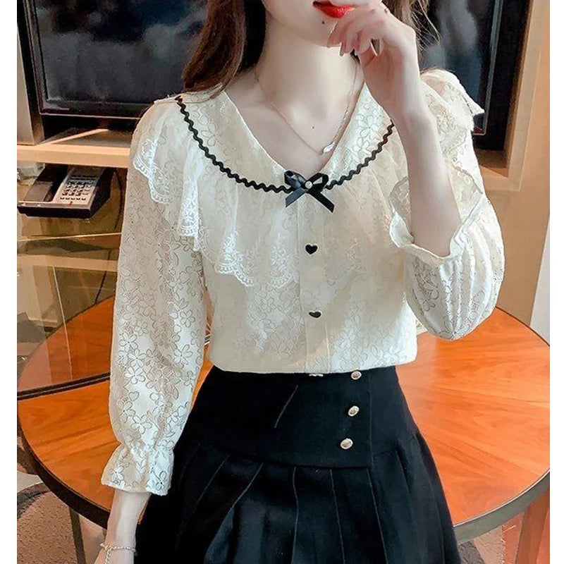 Women Lace Hollow Bow Chic Sweet Japanese Style Blouses White Long Sleeve Elegant Tops Female Fashion Casual Slim Pullover Shirt