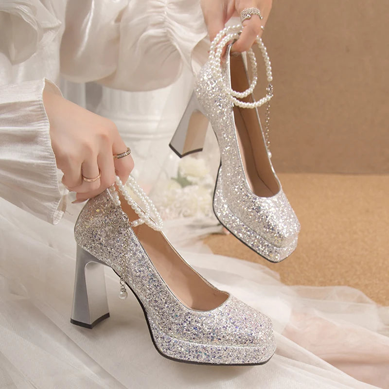 Lucyever 2023 Luxury Glitter Sequins Pumps Women Pearls Strap Bling Wedding Party Shoes Woman Square Toe High Heels Shoes Ladies