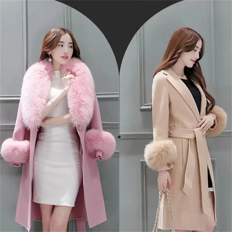 Elegant Luxury Solid Color Plus Size 3xl Long Jacket For Women Autumn Winter Faux Fur Lapel Belt Bow Coat Simple Slim Tweed Coat