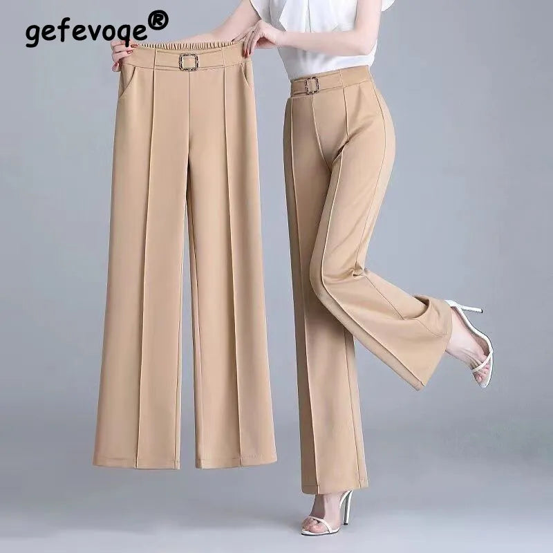 Elegant Fashion Office Lady Belt Straight Suit Trousers Women 2023 Spring Summer High Waist Pockets All Match Wide Leg Pants 4XL