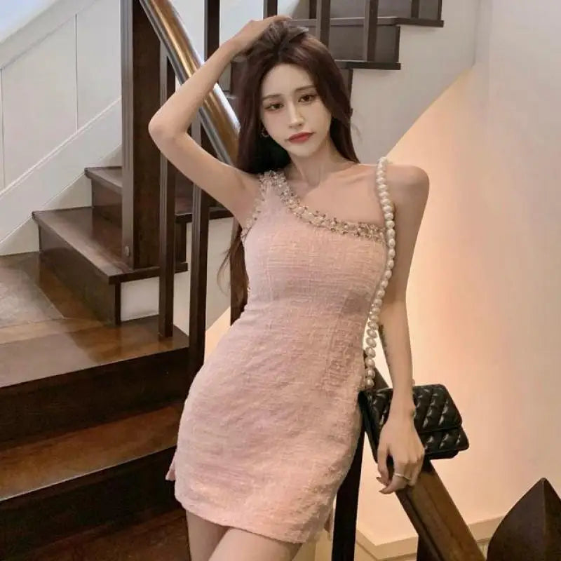 Women's Inclined Shoulder Mini Dress Summer 2023 Korean Elegant Pink Bodycon Slim Evening Party Gown Lady Vintage Graceful Dress