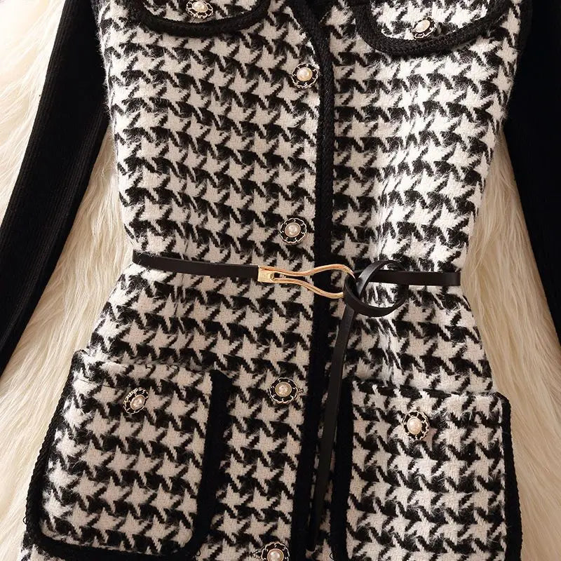 Casual Houndstooth V Neck Tweed Vest Jacket Women Suit Vintage Woolen Blends Waistcoat And Bottoming Knitted Sweater 2 Piece Set