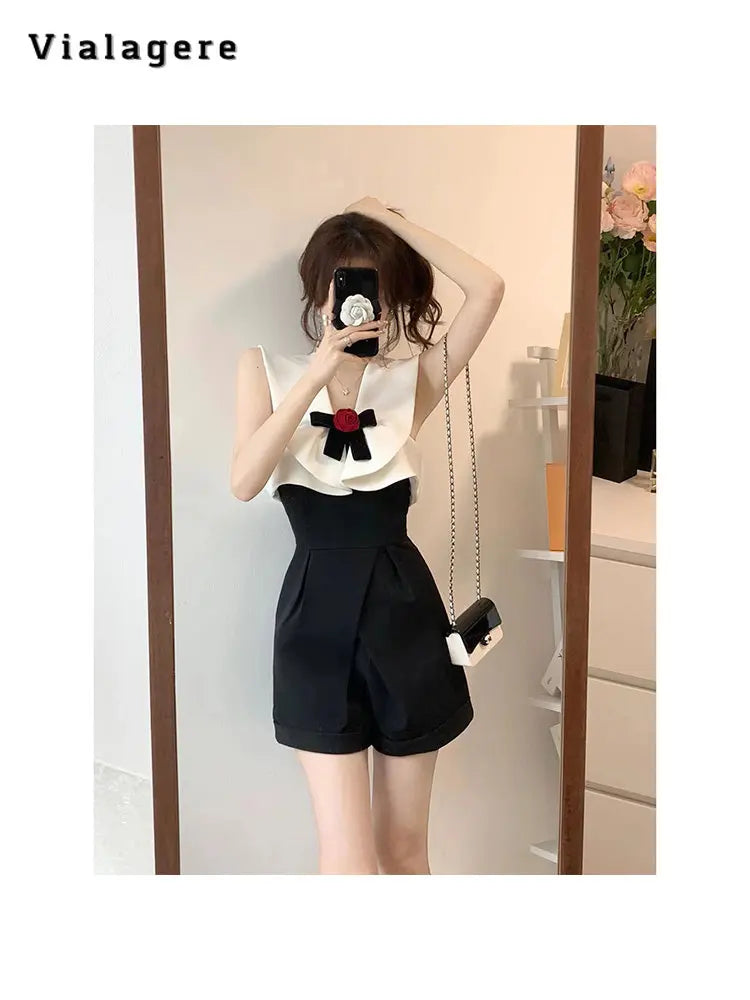 2023 Summer Hotsweet Casual Patchwork Sleeveless Slim Fit Jumpsuits Sexy Sheath 3D Flowers Decoration Y2K Fashion Rompers