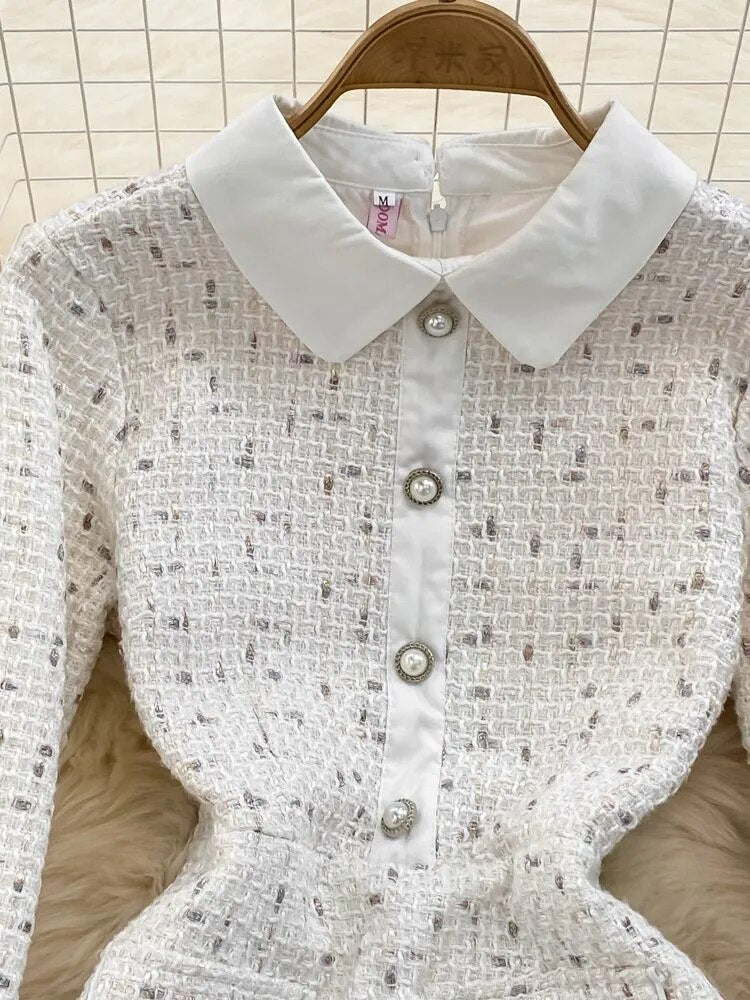 Autumn Winter 2022 Vintage Small Fragrant Sweet Tweed Wool Short Dress Women Peter Pan Collar Pearls Buttons A-Line Vestidos