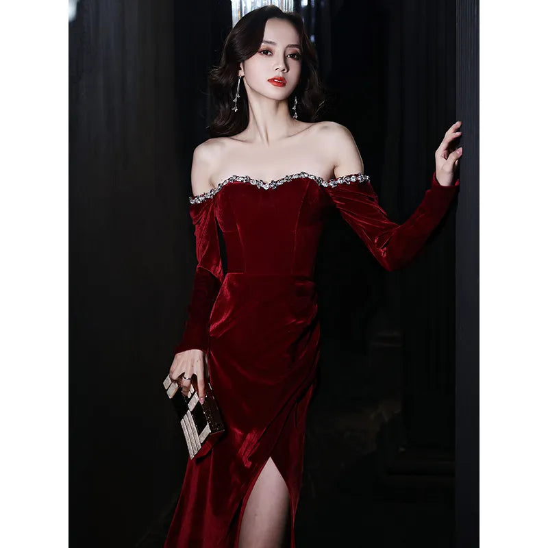 Ofallsis Wedding Gowns Bride Wine Red Diamonds Party Dress 2023 Autumn Winter New Elegant Velvet Engagement Long Evening Dresses