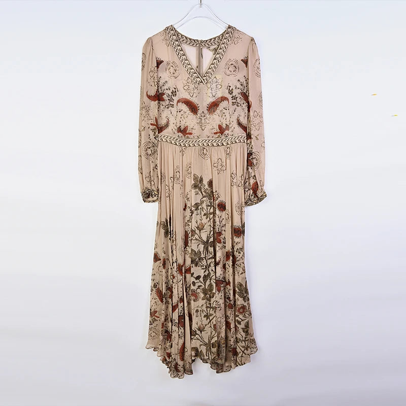 2022 Boho Floral Silk Long Sleeve V-Neck Maxi Dress Women Korean Fashion Luxury Chic Dress Autumn Elegant Bodycon Party Vestidos