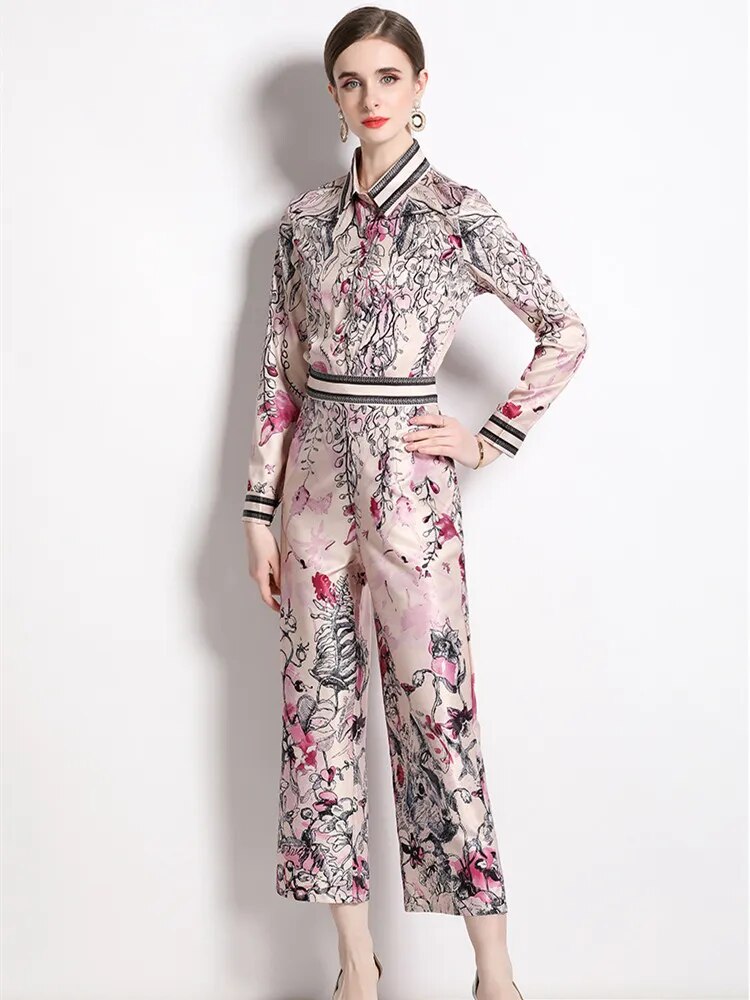 Autumn Vintage Flower Print Two Piece Set Women's Ink Painting Long Sleeve Shirt Top + Elastic Waist Ankle Straight Pants Suits