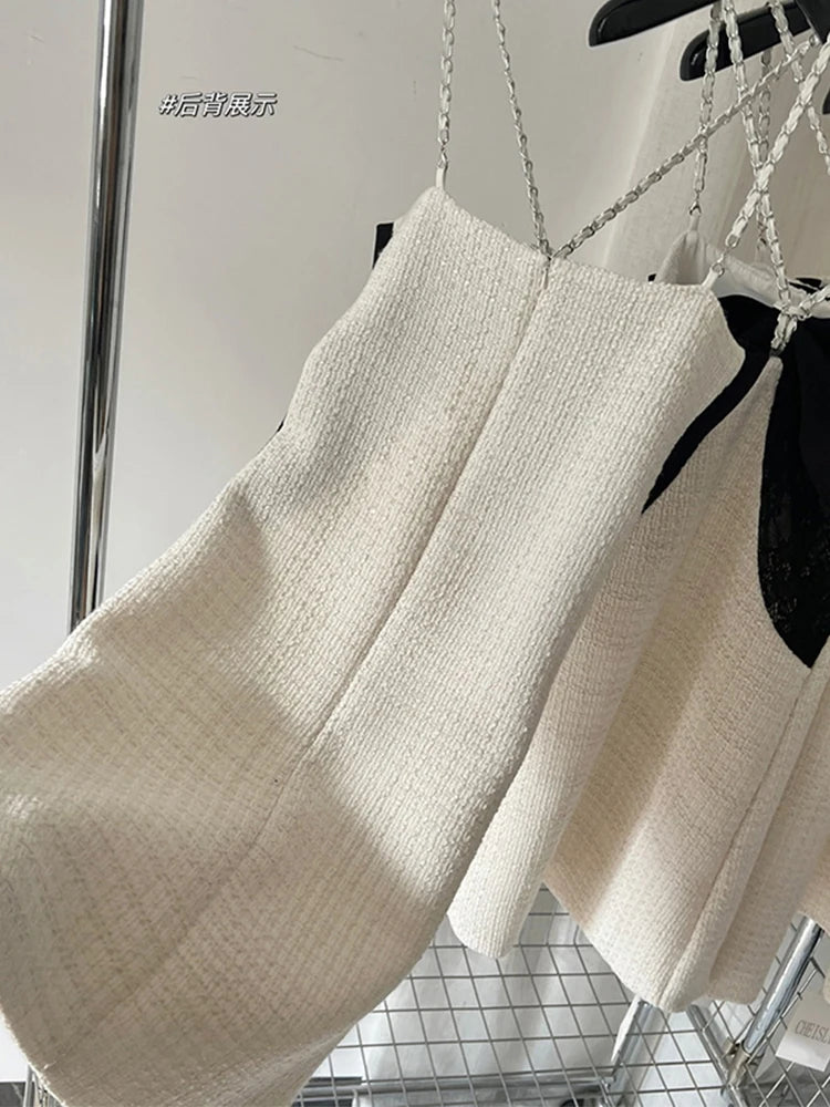 Contrast Color Patchwork Women Slim Mini Dress Luxury Chain Neck-mounted Party Prom Female One-Piece 2023 Spring Summer Chic