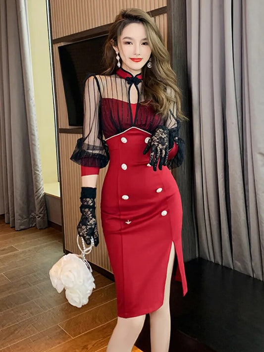 Spring Women Midi Dress Sexy Chinese Style Red Sheer Mesh Spliced Hollow Disc Buckle Pearl Button Slit Robe Party Vestidos Mujer