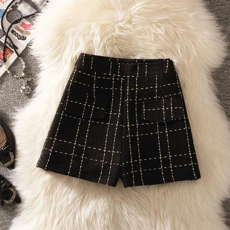 Elegant Luxury Plaid Tweed 3 Piece Sets Women Korean Shorts Suit Vintage Mid-Length Vest Jacket With Belt + Pants + Knit Sweater