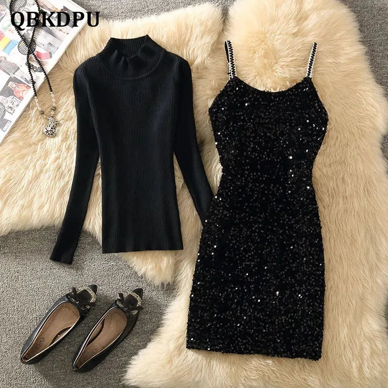 Sexy Sequined Black Spaghetti Strap Dress Suit Korean Slim Backless Mini Slip Dresses And Knit Sweater 2 Piece Set Women Outfits