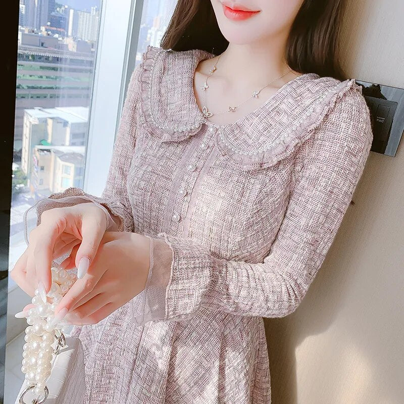 Runway Fall Korean Sweet Tweed Pearl Button Patchwork Women Dresses Female Elegant Ladies Ruffle Chic Dress Vestido Mujer