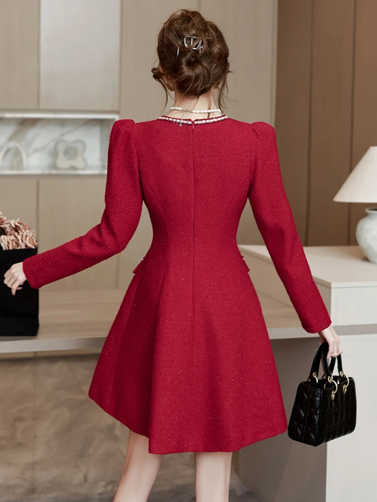 Temperament Ladies Red Tweed Dress Women Luxury Vintage Single-breasted Female V-Neck Long Sleeve Woolen Evening Party Dress