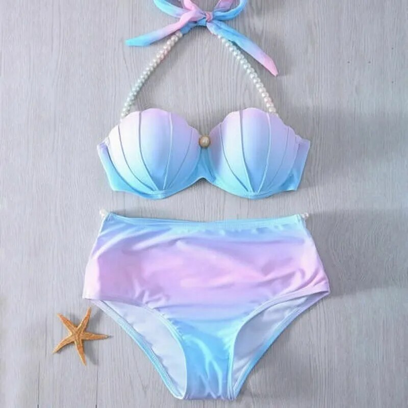 Sexy Women's Pearl Sling Bikini Suit Gradient Mermaid Shell Pearl Bra Swimsuit with Cushion Push Up Swimsuit Sea Speed Dry