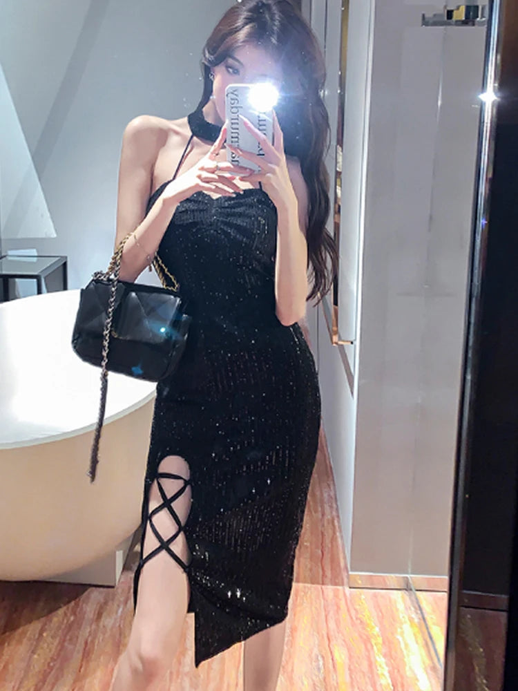 Ezgaga Sexy Dress Woman Halter Sleeveless Off Shoulder Hollow Out Sequins Bandage Split Party Dresses Elegant Ladies Clubwear