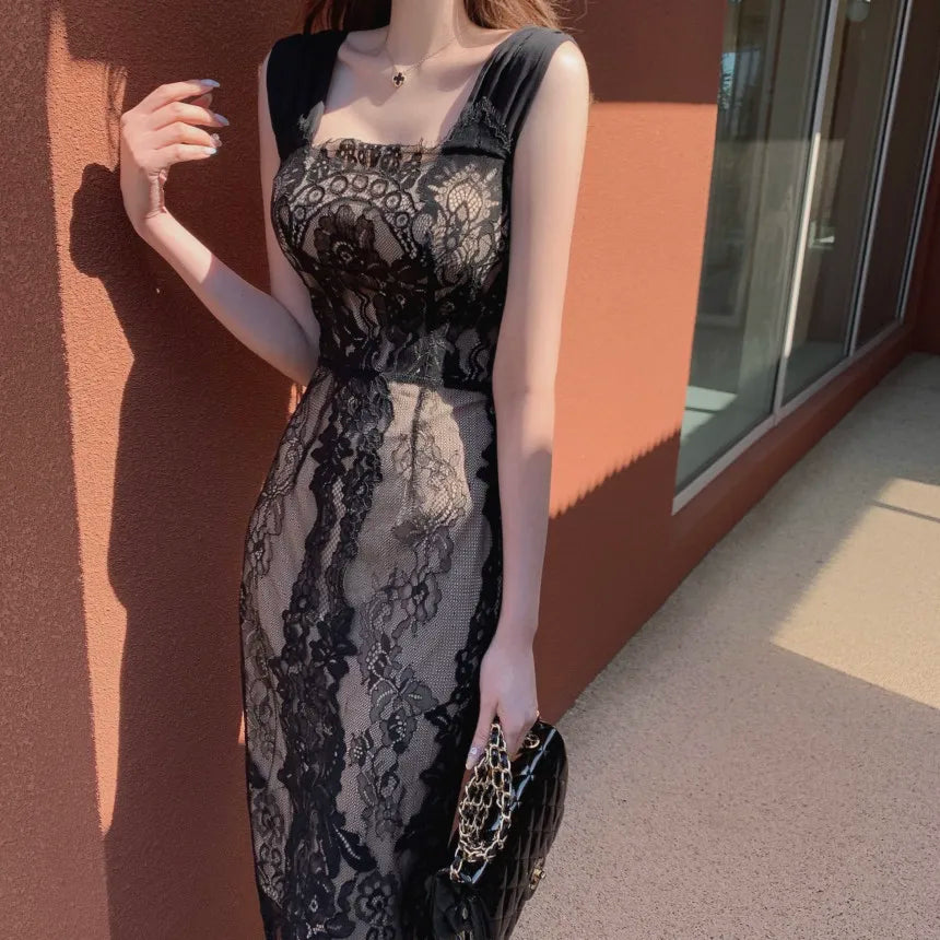 Black Chic Lace Dress Women 2023 Summer Elegant Evening Dresses Ladies Sleeveless Luxury Design Party Clothing Female