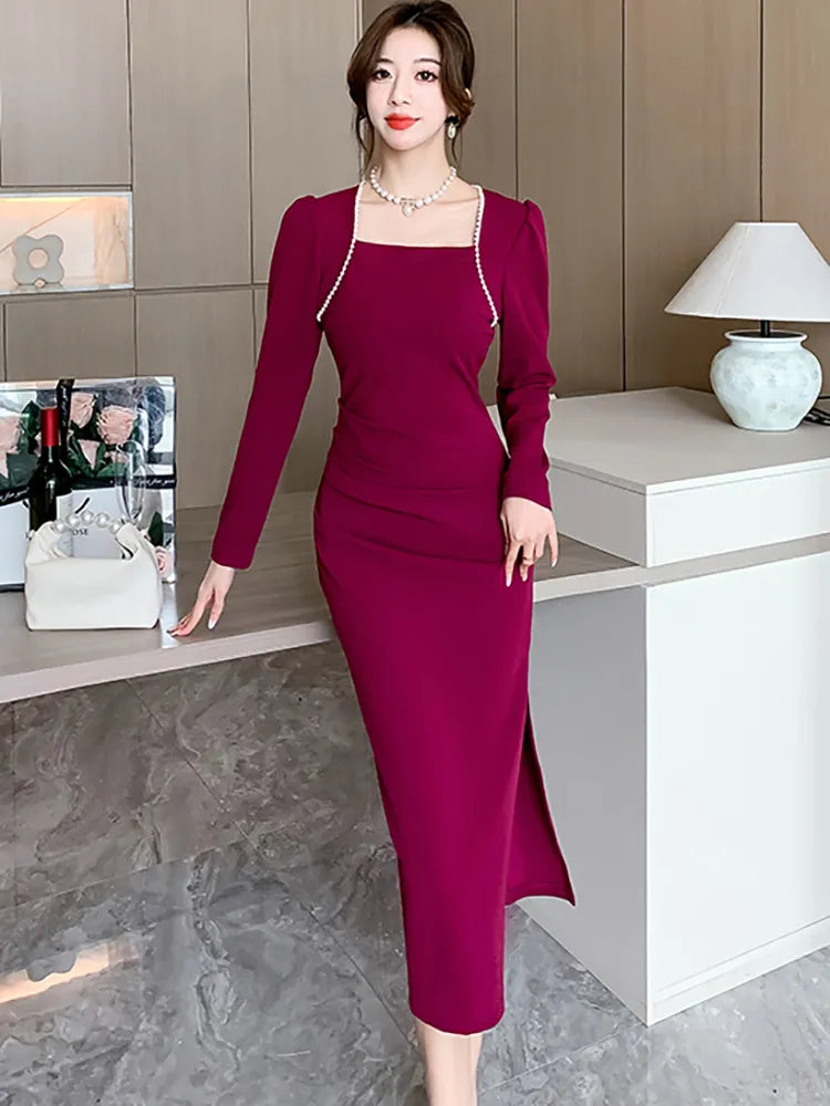 Women Korean Vintage Luxury Evening Dress Autumn Winter Black Chic Beading Square Collar Dress 2023 Elegant Casual Party Dresses