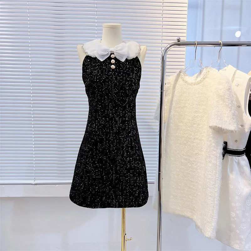 High Street  Autumn New Fashion 2023 Women Peter Pan Collar Pearl Button Sequins Beading Panelled Tweed Black Elegant Mini Dress